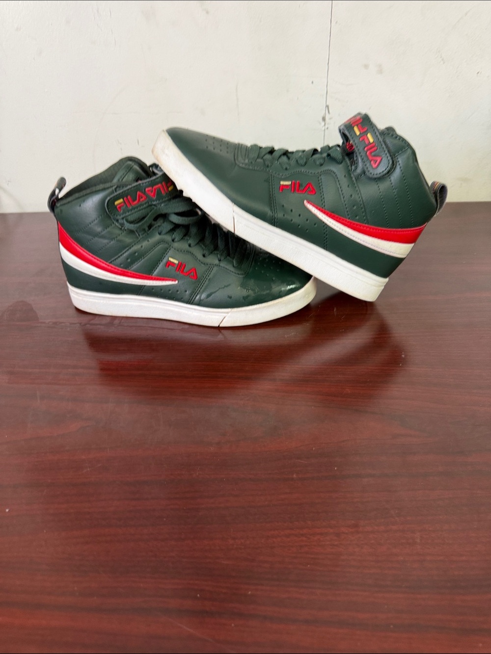 FILA Men's Dark Green High-Top Sneakers with Red and White Accents